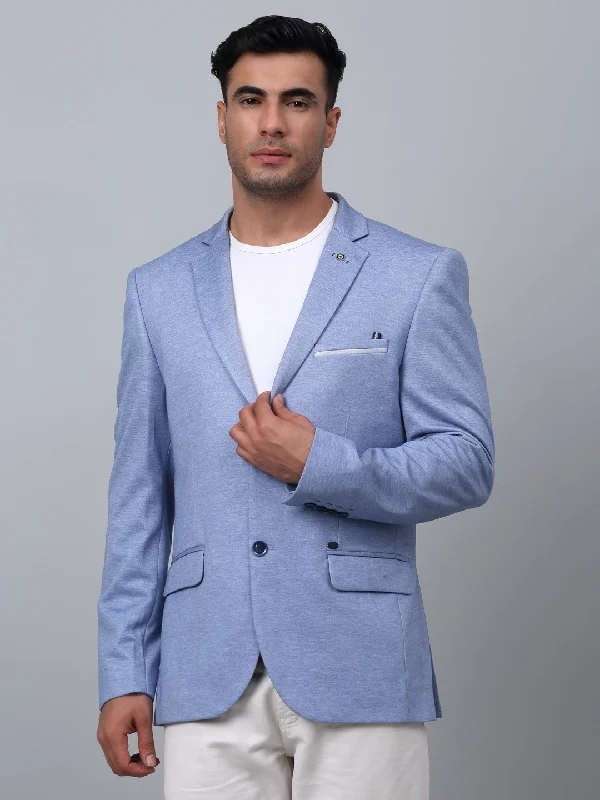 Blue Solid Plain Full Sleeves Casual Blazer For Men