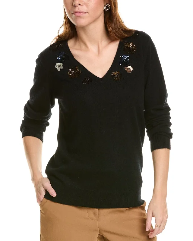 sofiacashmere Sequin Embellished V-Neck Cashmere Sweater