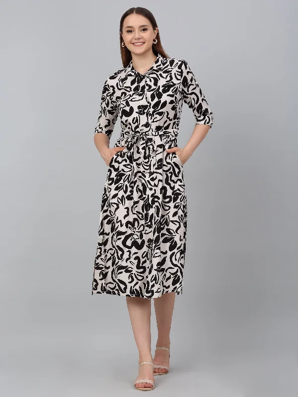 Women's Black Printed Spread Collar Casual Dress