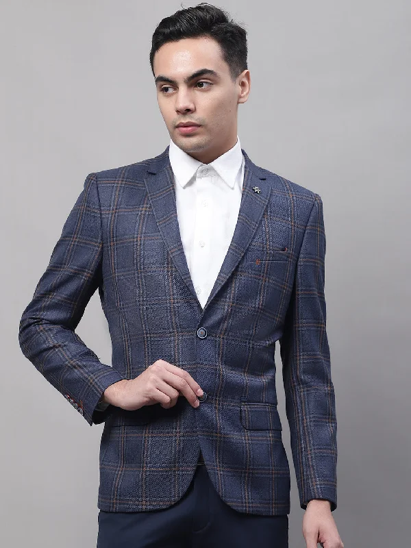 Blue Checkered Full Sleeves Formal Blazer For Men