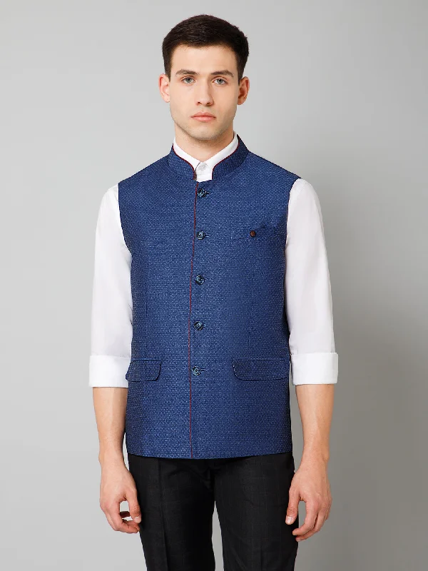 Men Blue Self Design Casual Band Collar Sleeveless Waist Coat