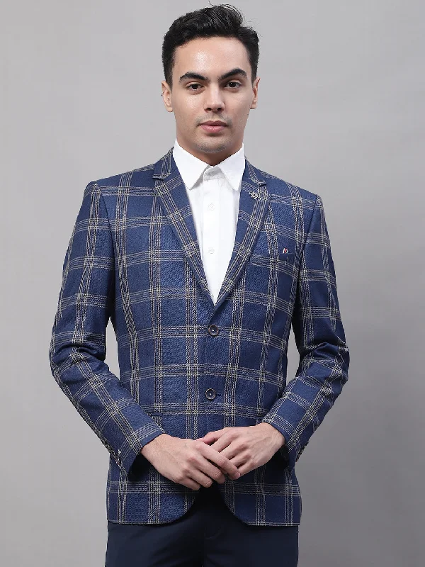 Blue Checkered Full Sleeves Formal Blazer For Men