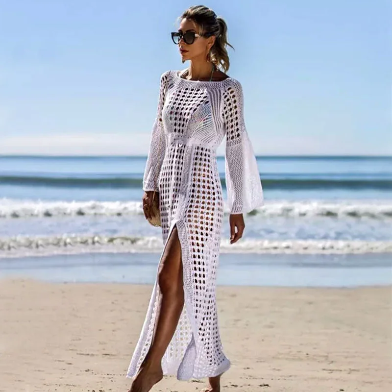 Elegant Boat Neck Bell Sleeve Split Crochet Knit White Cover Up Dress