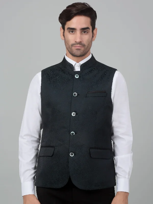 Men's Green Self Design Party Wear Waistcoat