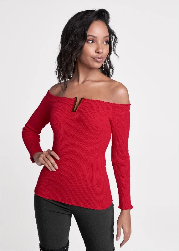 Metal Detail V-Front Sweater - Red