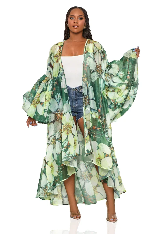 Grand Entrance Floral Organza Kimono (Green Multi)