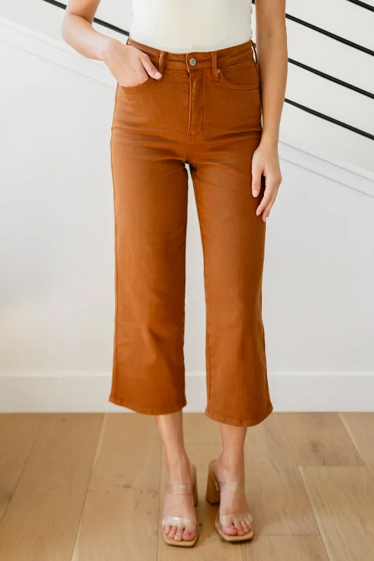 Judy Blue High Rise Tummy Control Wide Leg Crop Jeans in Camel