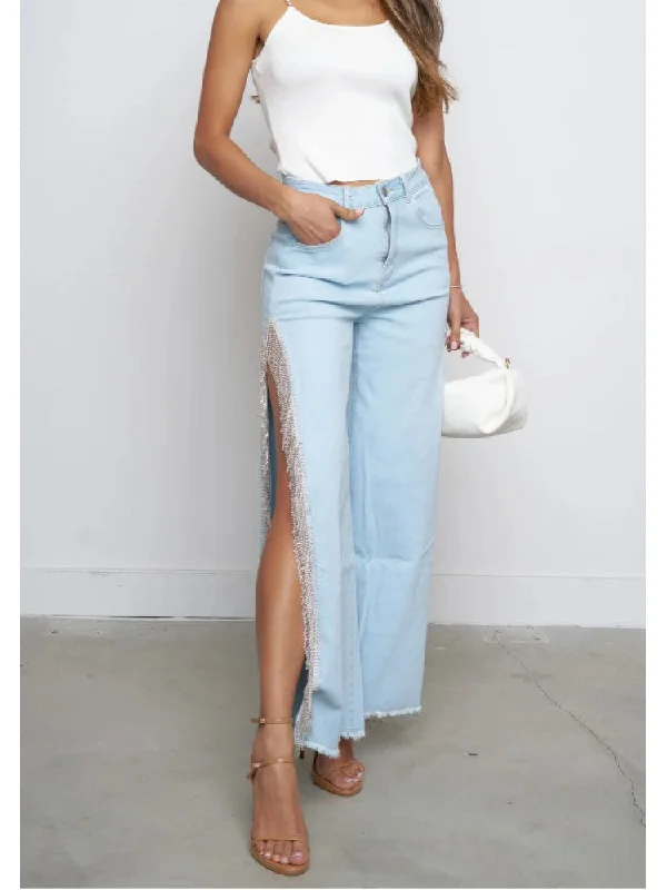 Embellished Fringe Split Hem Denim Jeans