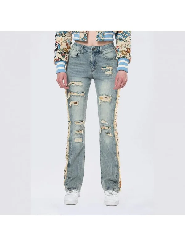 Floral Ripped Denim Fringe Lacework Jeans