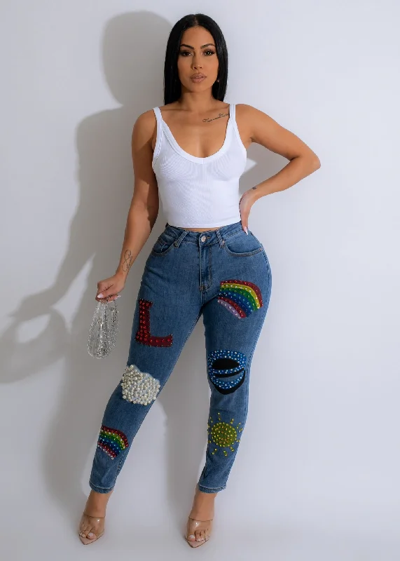 Queen Love Rhinestones Denim Jean