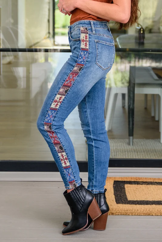 Judy Blue Mid Rise Western Print Relaxed Jeans