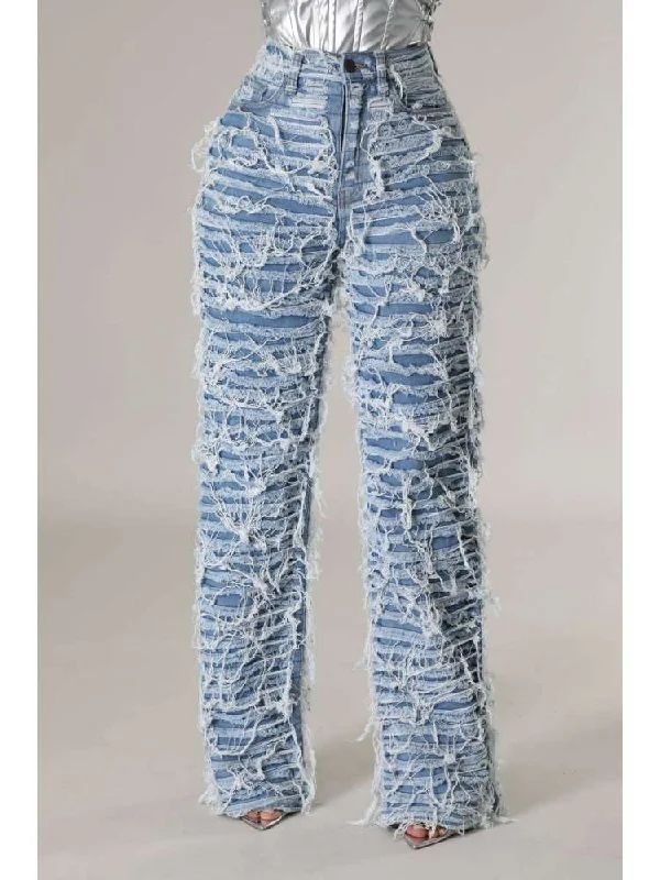 Ripped Fuzzy Trim High Rise Denim Jeans