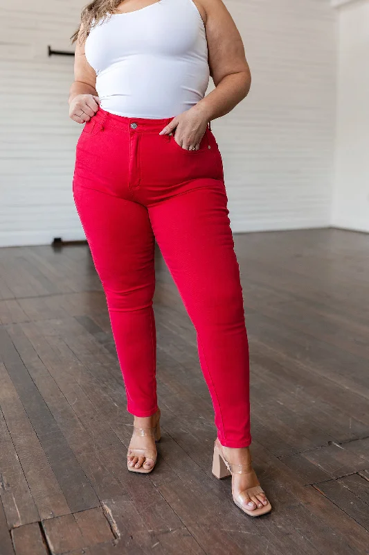 Judy Blue High Waist Control Top Garment Dyed Skinny Jeans in Ruby Red