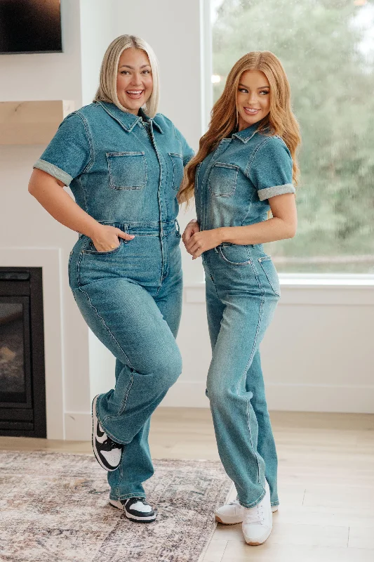 Judy Blue High Waist Sylvia Short Sleeve Denim Jumpsuit