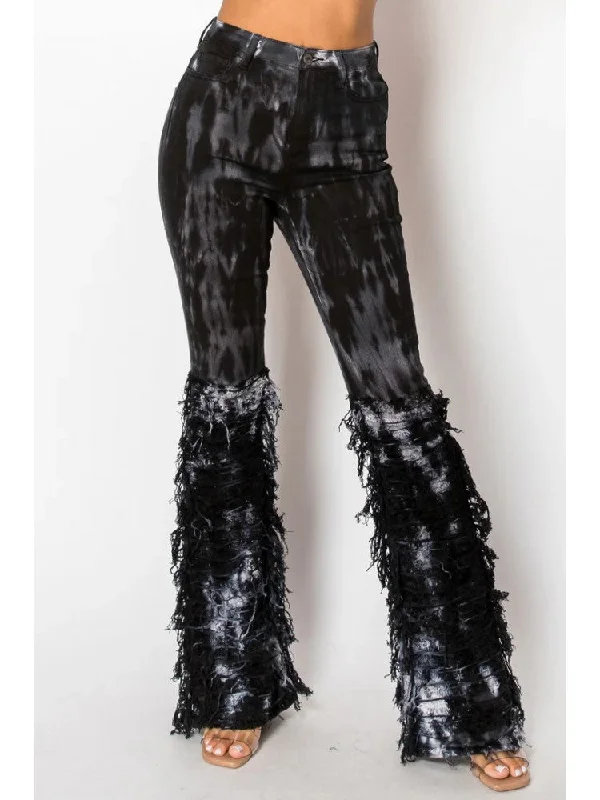 Tie Dye Fringe Denim Bodycon Flared Jeans