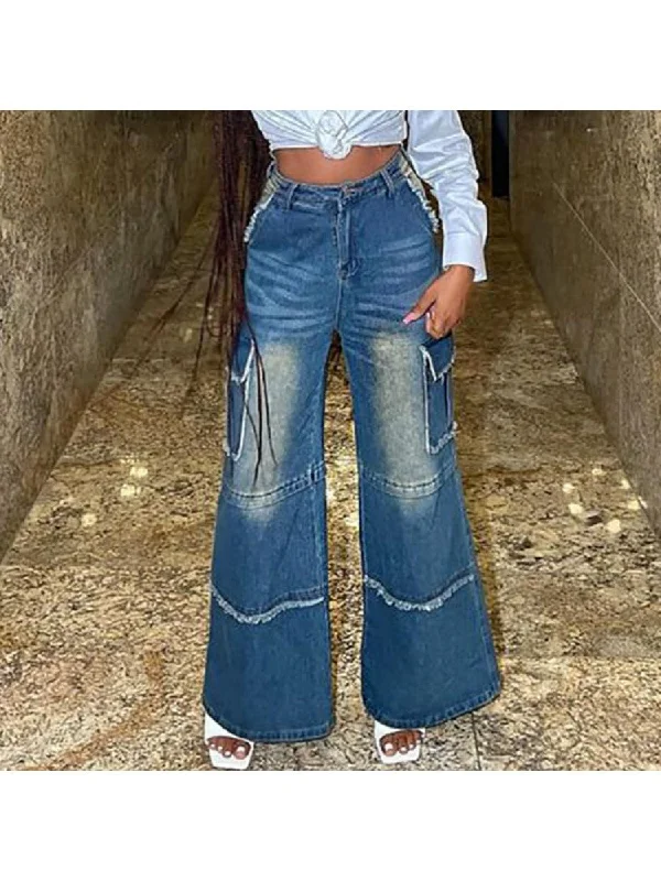 Vintage Denim Fuzzy Trim Wide Leg Jeans