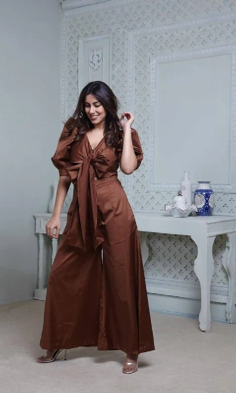 Brown Puffy Sleeved Jumpsuit