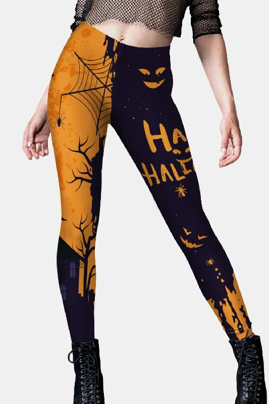 Halloween Elastic Waistband Leggings in Orange/Black