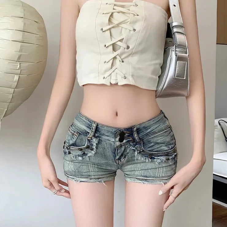 Women's American Low Waist Fur-lined Streetwear Vintage Style Denim Shorts