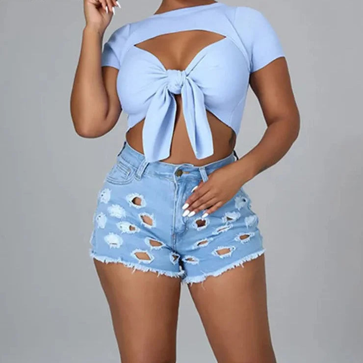 Women's Sexy Distressed Hollow Ripped Low Waist Tight Denim Shorts