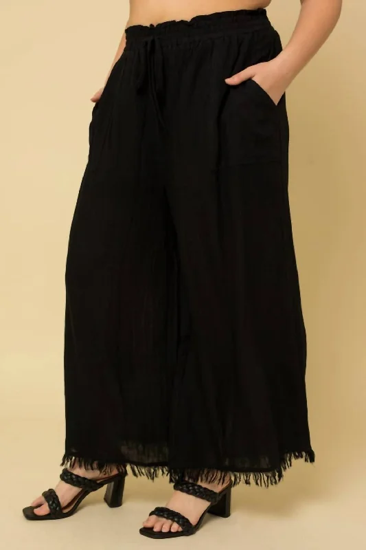 Fringe Hem Wide Leg Pants In Black